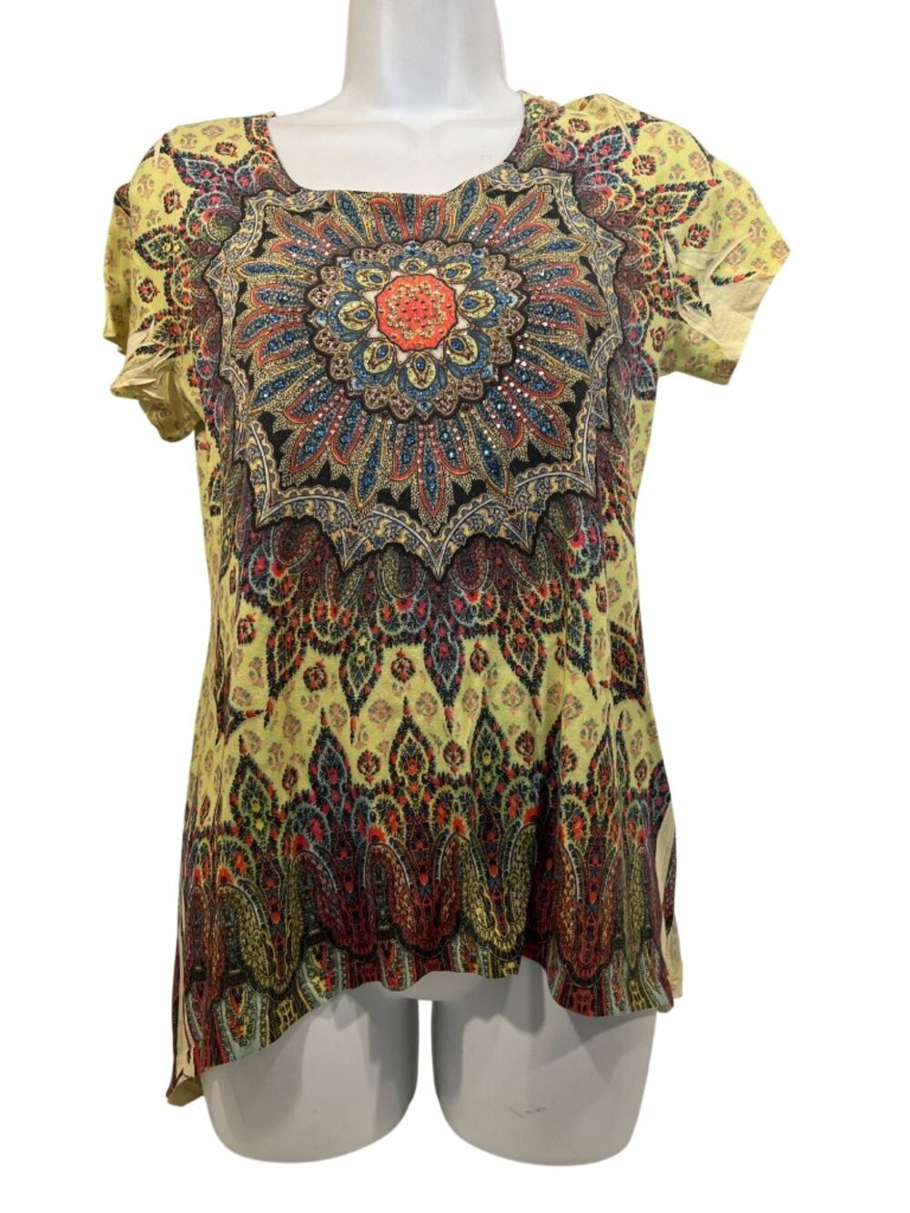 ONLY NINE yellow green asymmetrical top BOHO Women Petite M